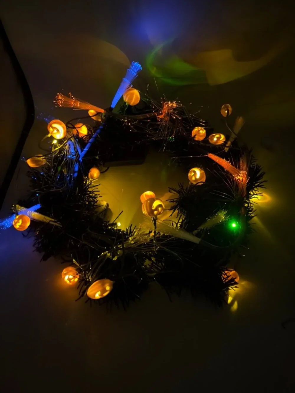Halloween LED Fiber Optic Black Wreath With Orange Pumpkin Decorations 16 Inches